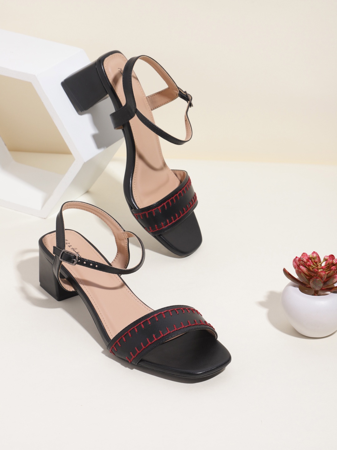 

Mast & Harbour Women Black & Maroon Thread-Work Block Heels