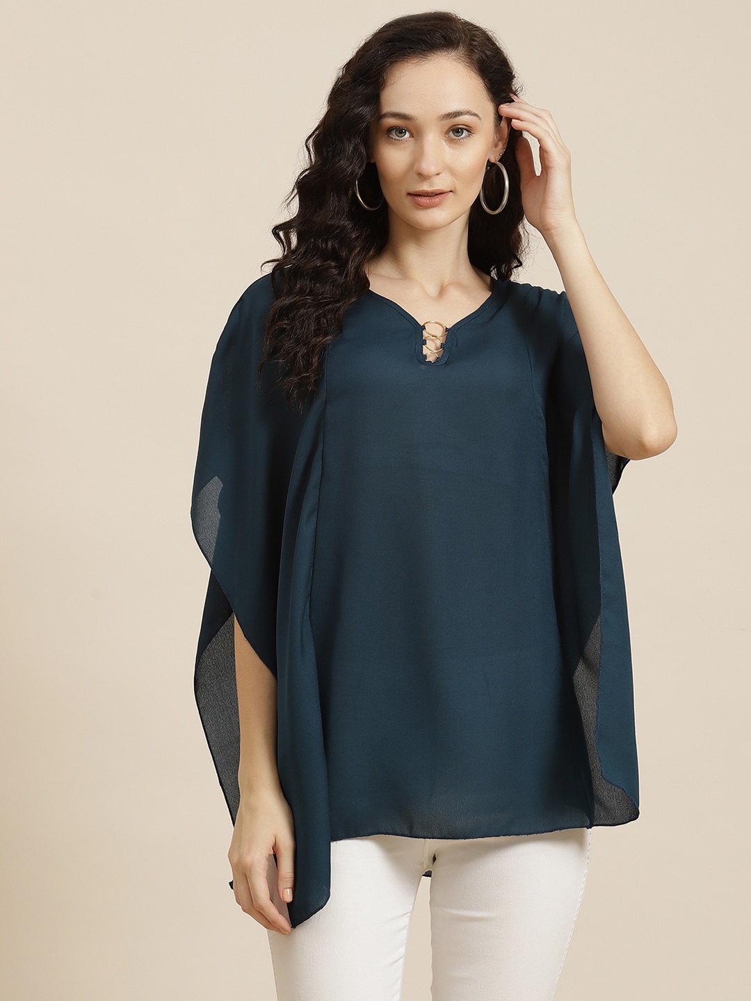 

Qurvii Teal Keyhole Neck Crepe Regular Top