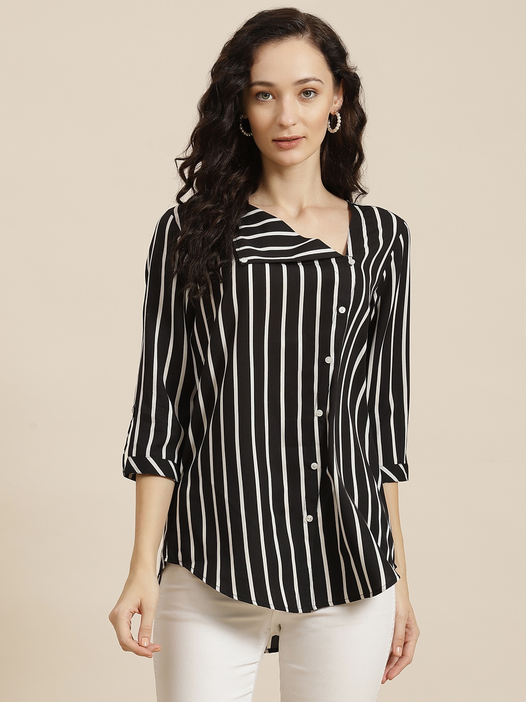 

Qurvii Black & White Striped Crepe Regular Top