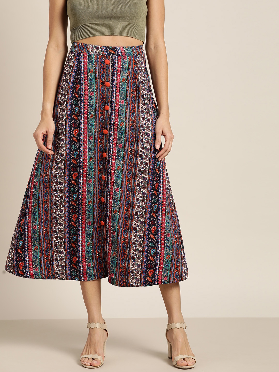 

Qurvii Women Navy Blue & Orange Ethnic Print A-Line Midi Skirt