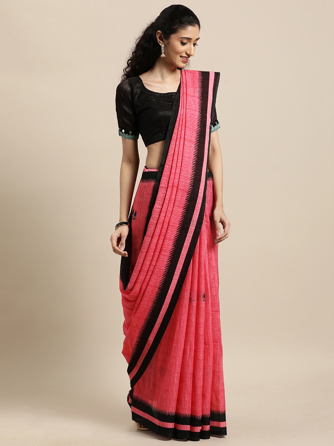

Rajnandini Pink & Black Warli Linen Blend Saree
