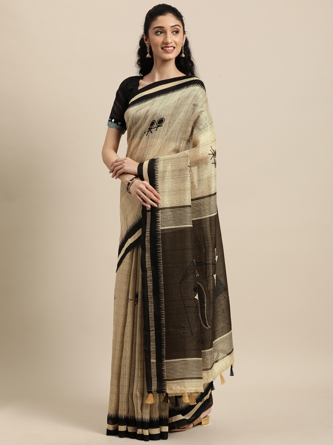 

Rajnandini Beige & Black Warli Linen Blend Saree