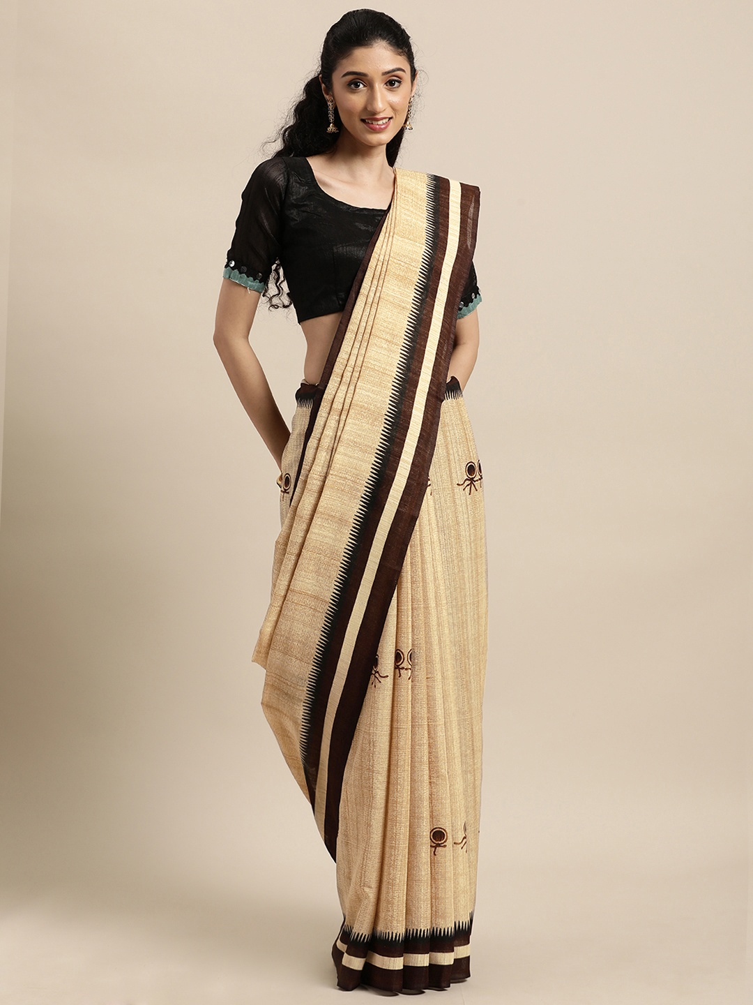 

Rajnandini Beige & Black Warli Linen Blend Saree