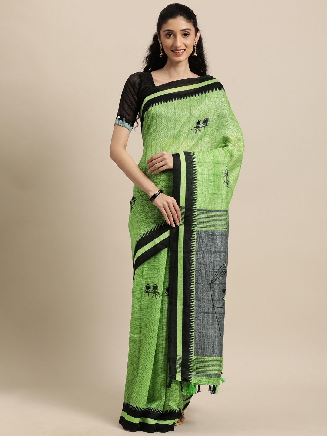

Rajnandini Green & Black Warli Linen Blend Saree
