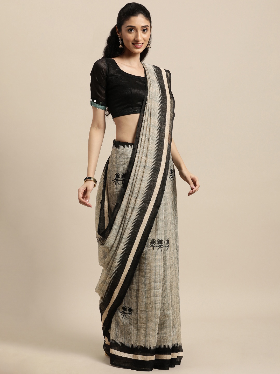 

Rajnandini Beige & Black Warli Linen Blend Saree