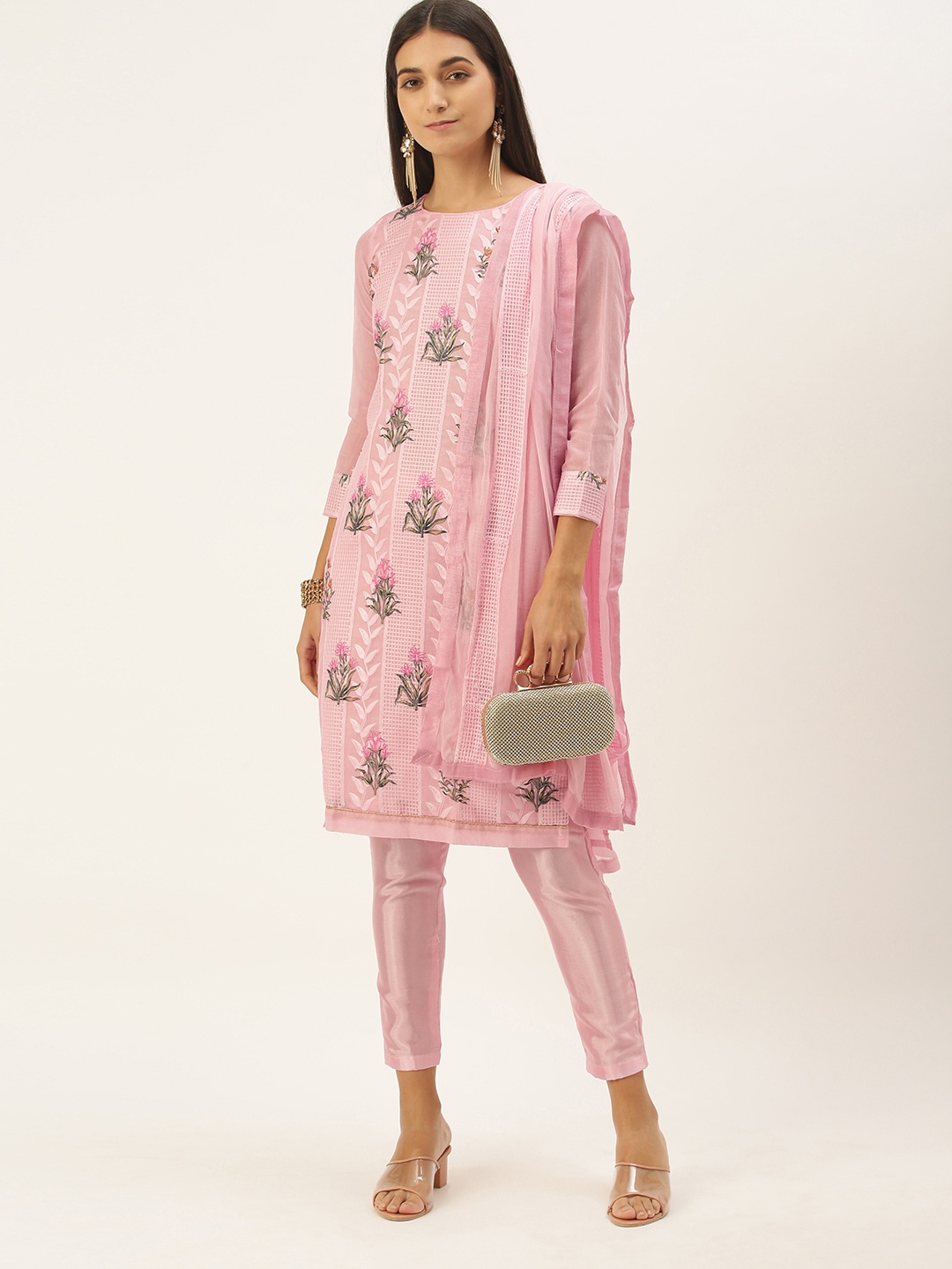 

LADUSAA Pink Printed Embroidered Unstitched Dress Material