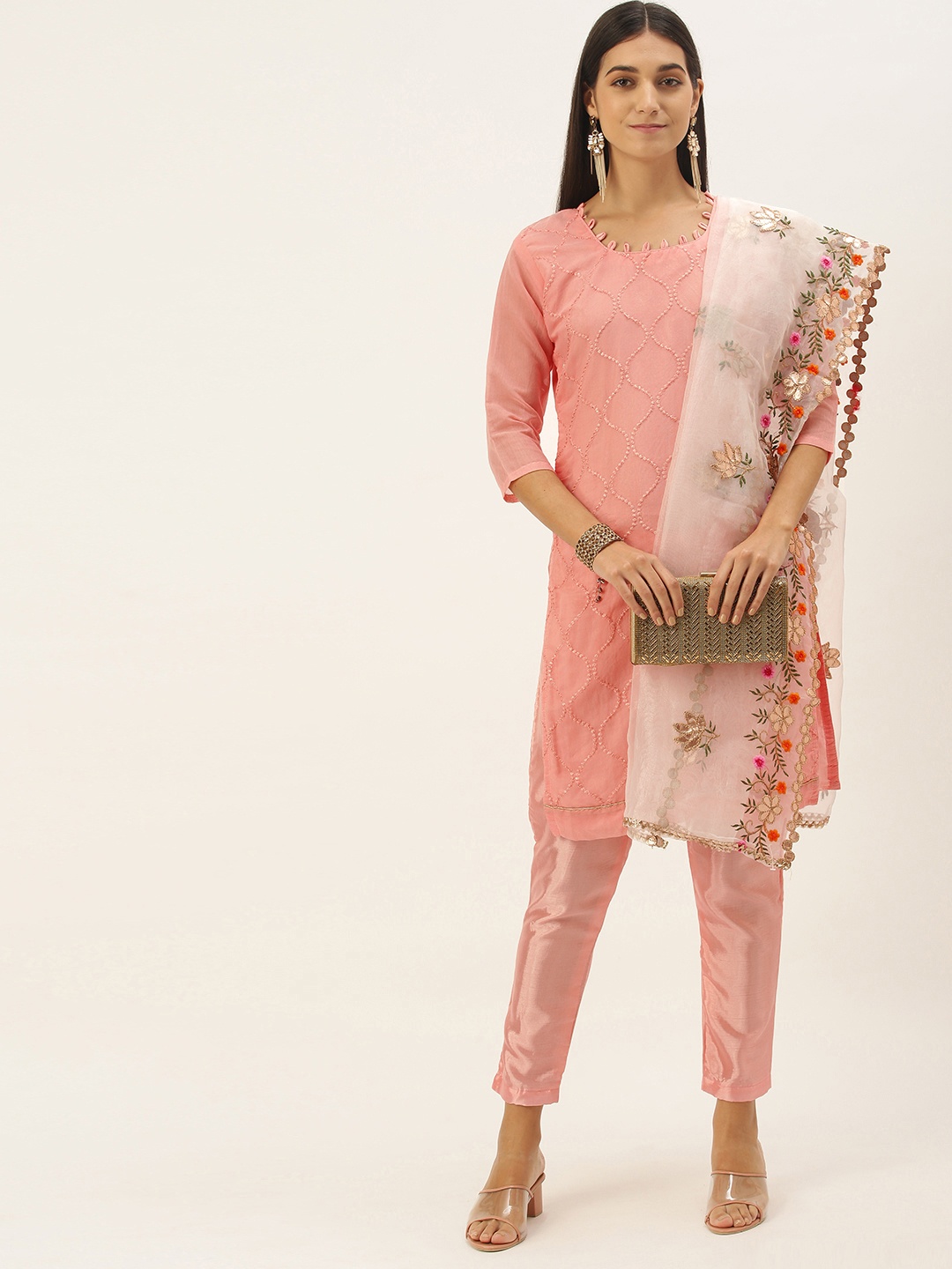 

LADUSAA Peach-Coloured Embellished Unstitched Dress Material