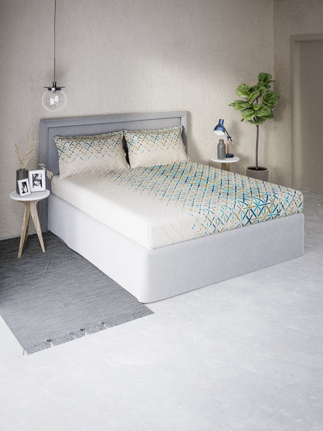 

DDecor Cream-Coloured & Blue Geometric 144 TC Queen Bedsheet with 2 Pillow Covers
