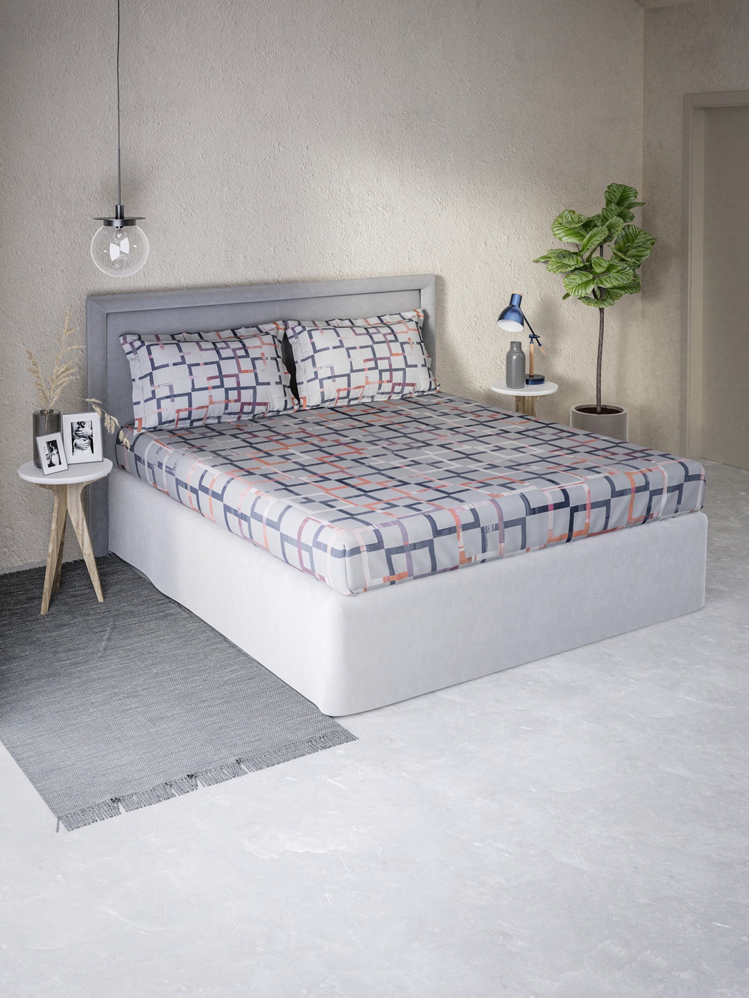

DDecor Grey & Orange Geometric 130 TC Queen Bedsheet with 2 Pillow Covers