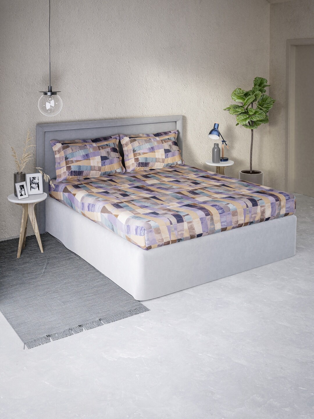 

DDecor Beige & Purple 130 TC Queen Bedsheet with 2 Pillow Covers