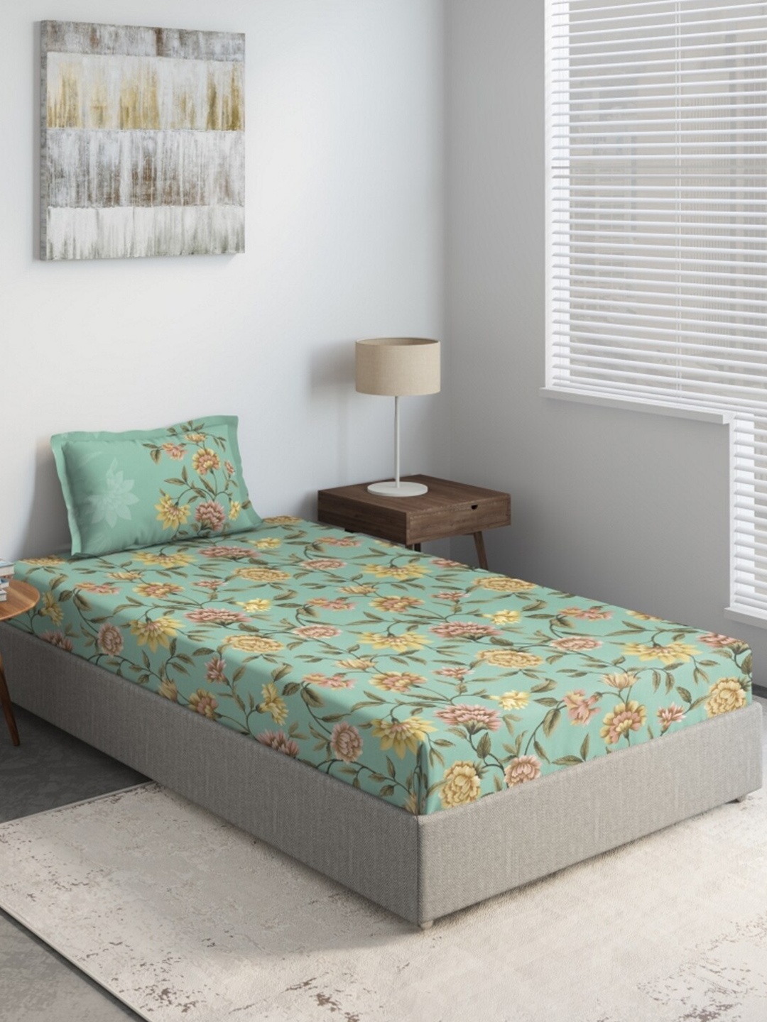 

DDecor Blue & Green Floral 130 TC Single Bedsheet with 1 Pillow Covers