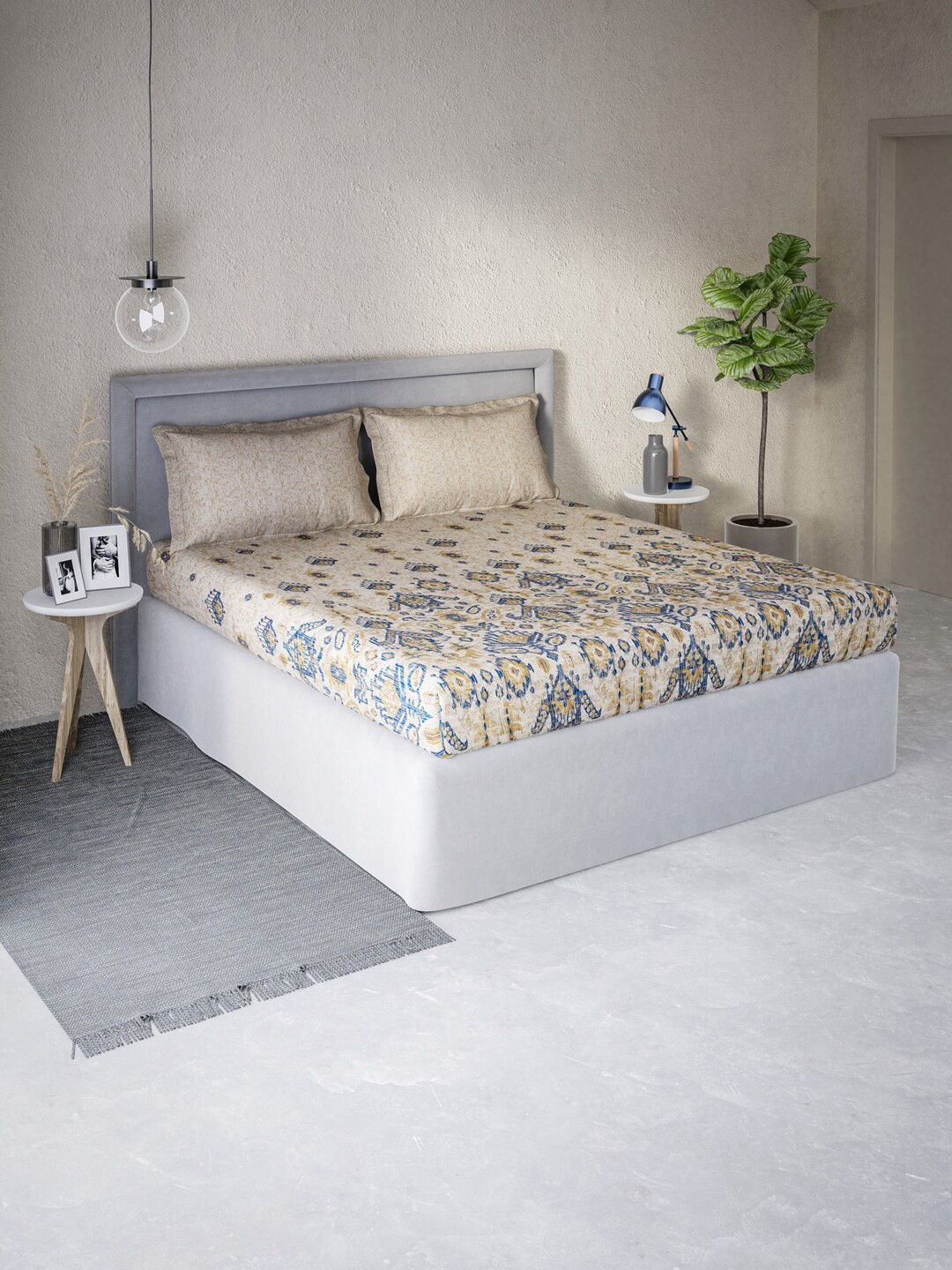 

DDecor Beige & Blue Ethnic Motifs 130 TC Queen Bedsheet with 2 Pillow Covers