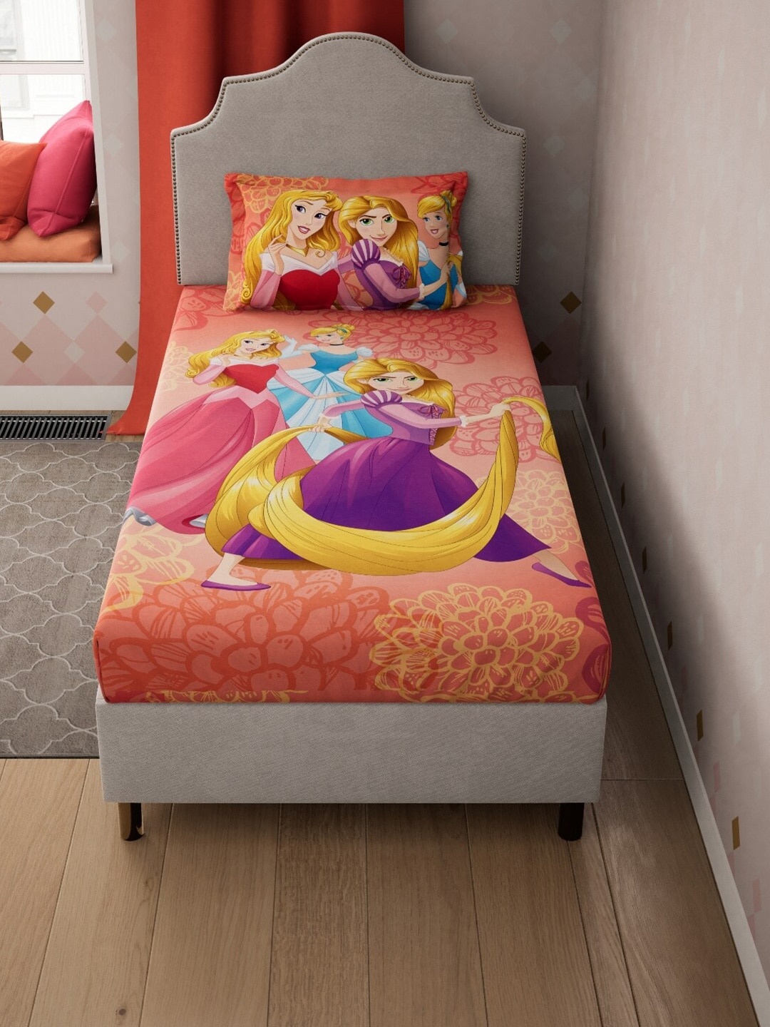 

DDecor Orange & Purple Cartoon Characters 130 TC Single Bedsheet with 1 Pillow Covers