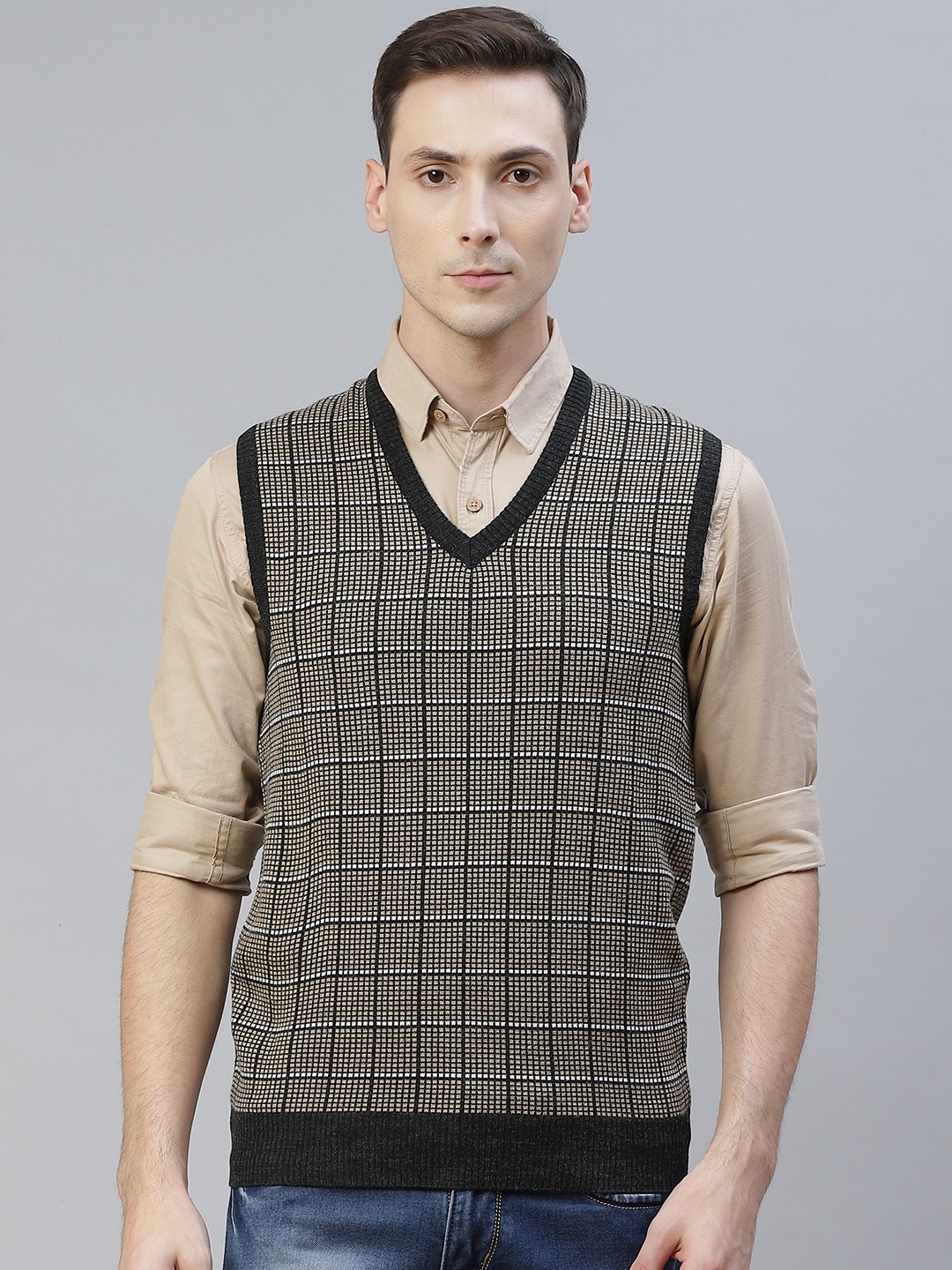 

Pierre Carlo Men Beige & Charcoal Grey Checked Sweater Vest