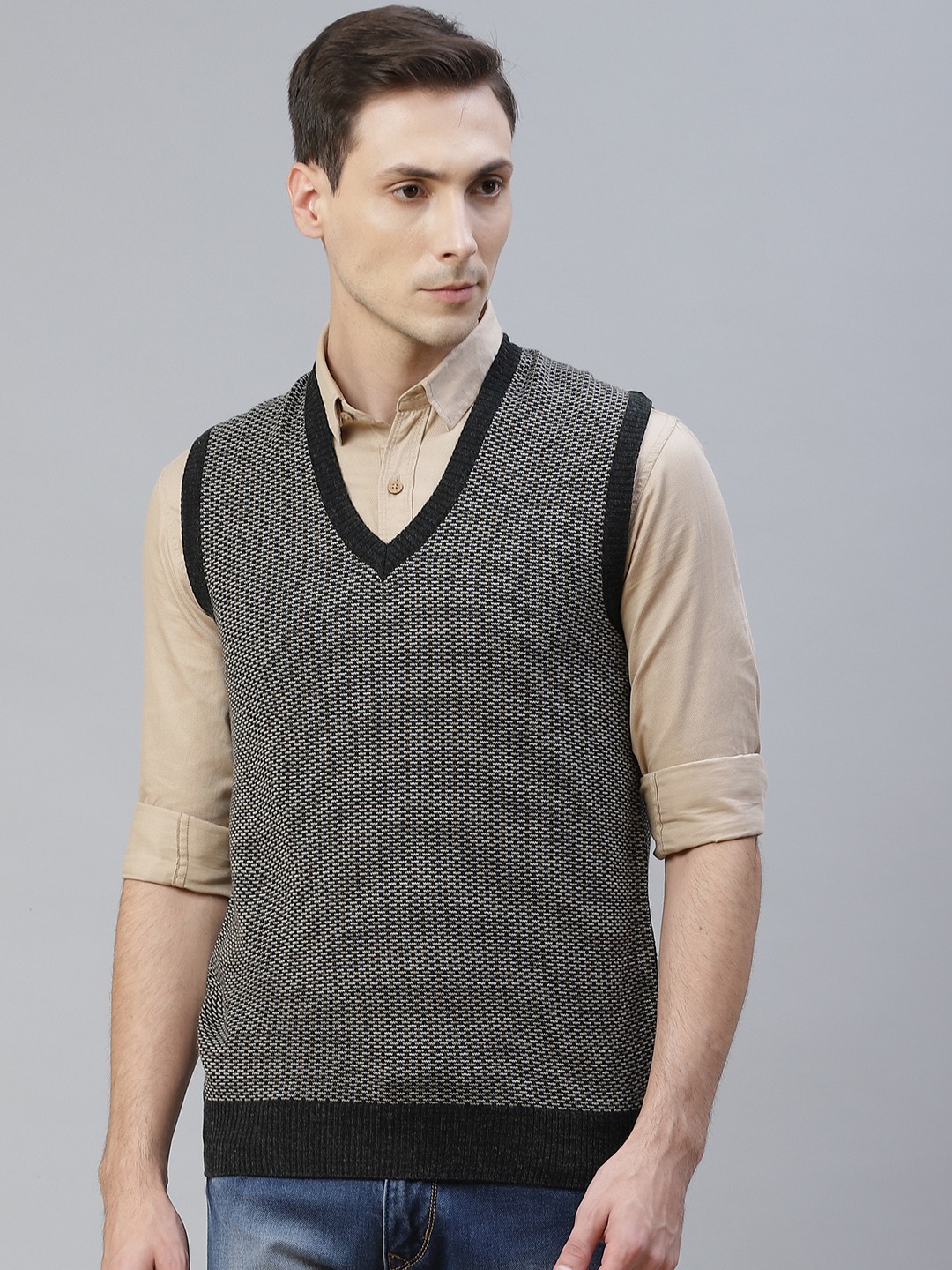 

Pierre Carlo Men Black & Grey Woven Design Sweater Vest
