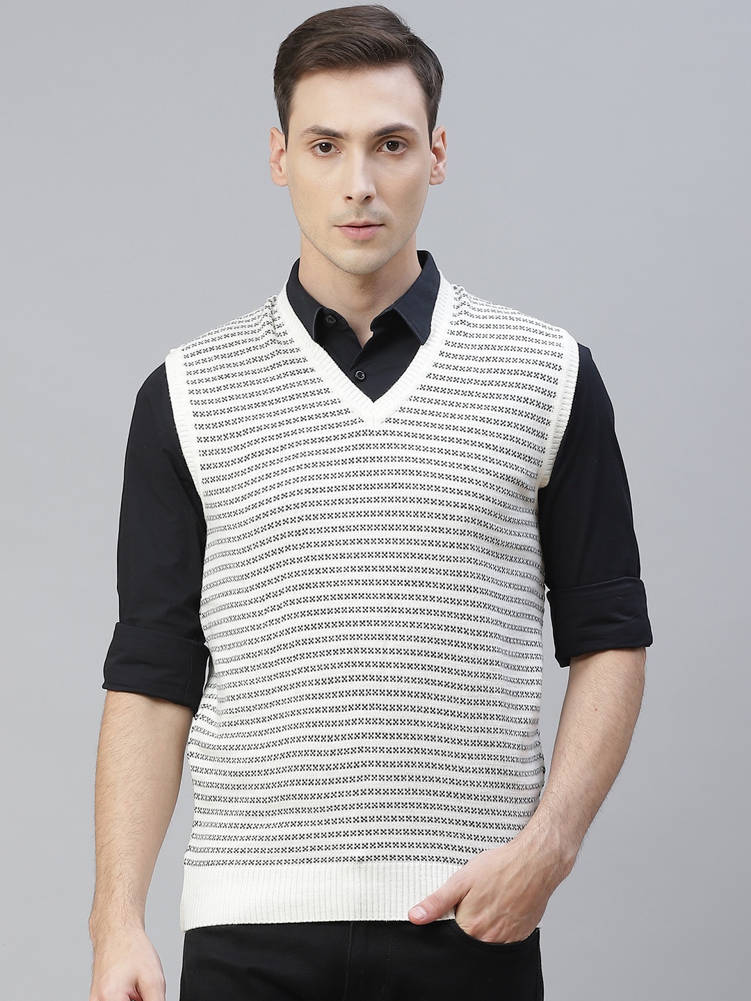 

Pierre Carlo Men Off White & Black Striped Sweater Vest