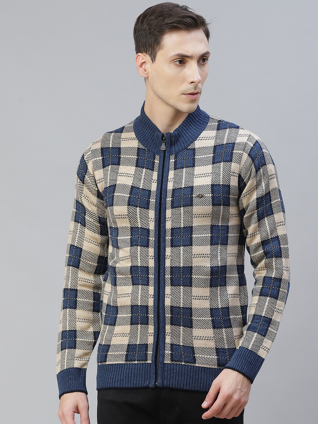 

Pierre Carlo Men Beige & Navy Blue Checked Front-Open Cardigan