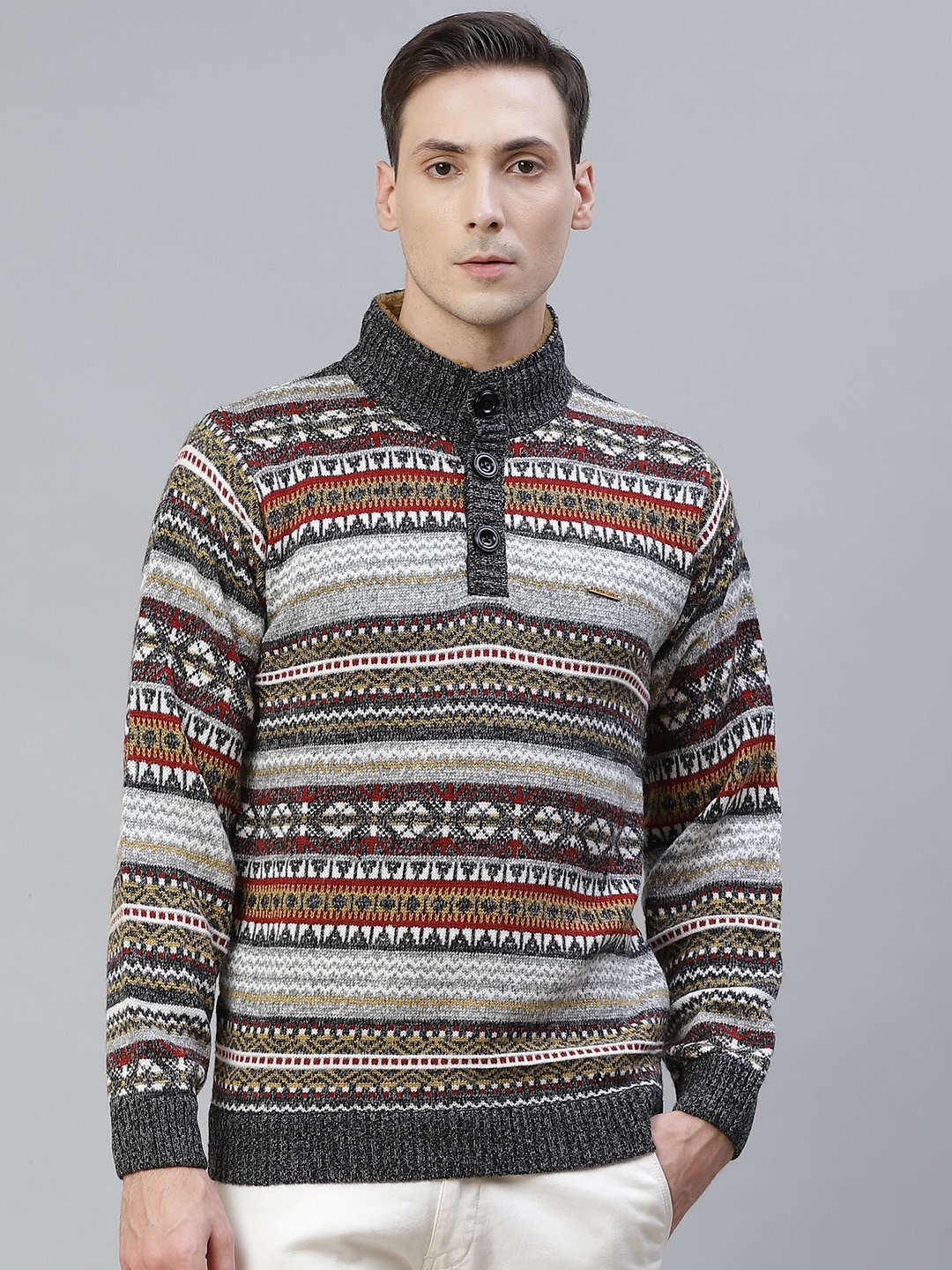 

Pierre Carlo Men Grey Melange & Maroon Fair Isle Pullover