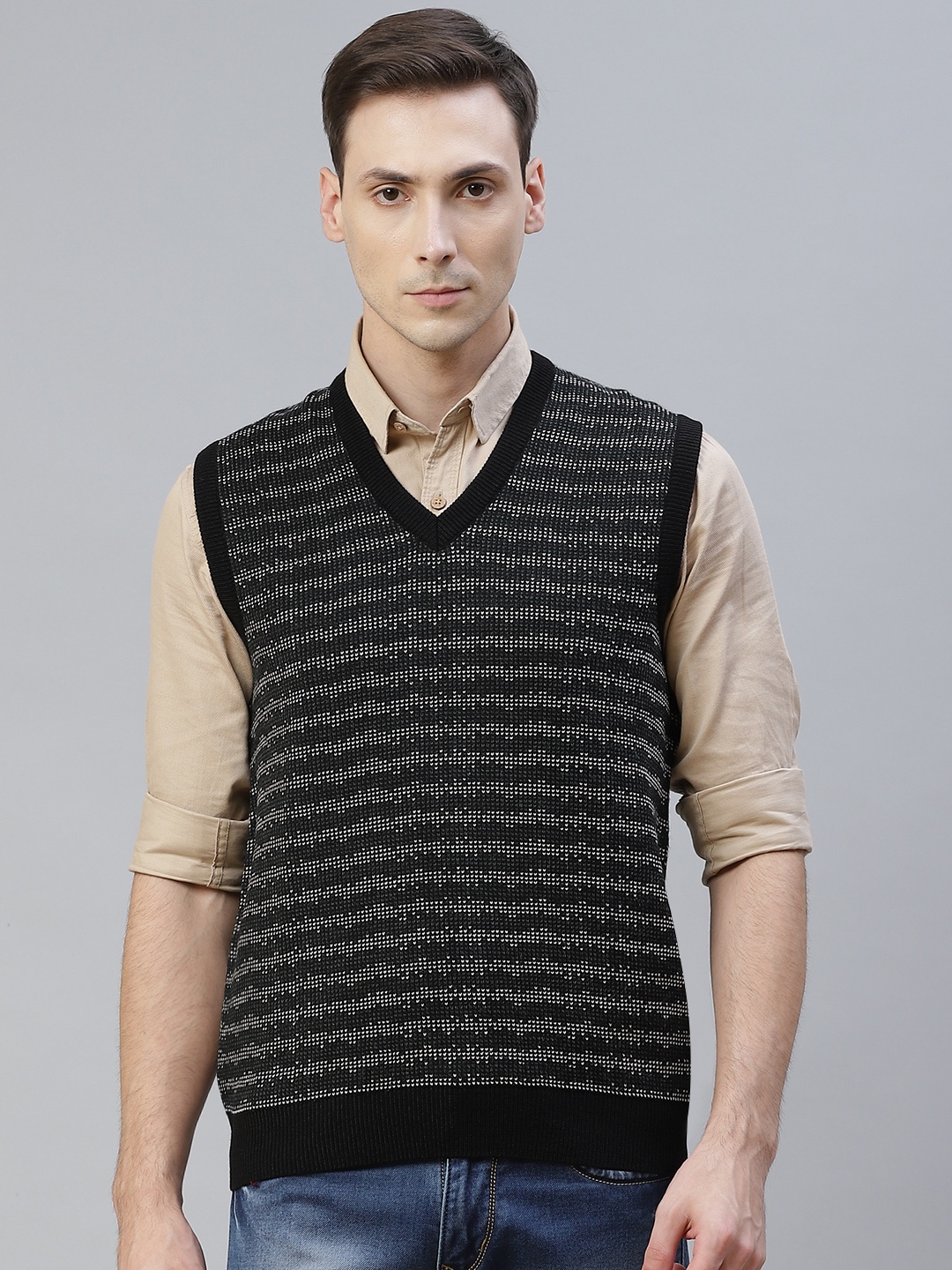

Pierre Carlo Men Black & White Striped Sweater Vest