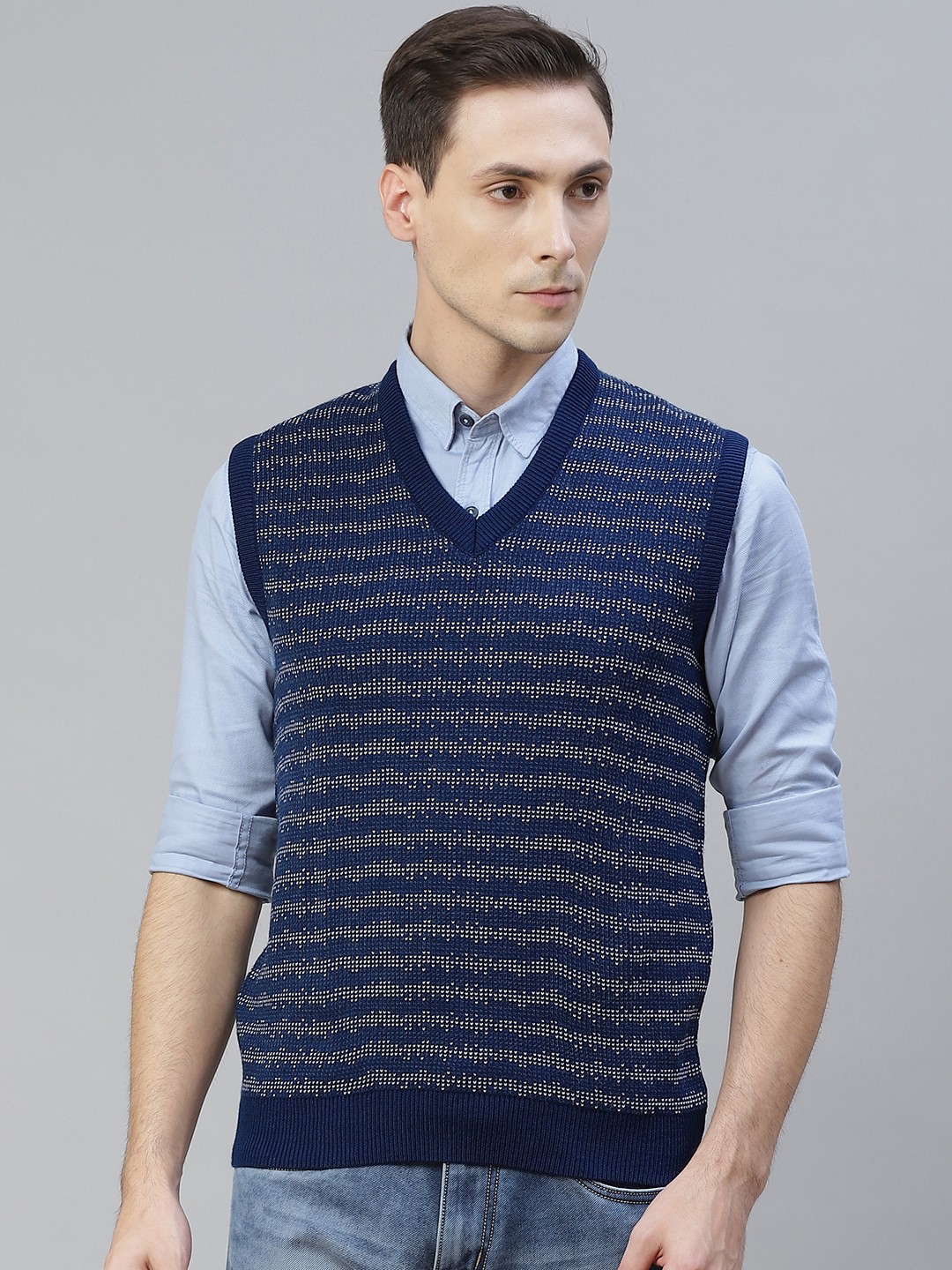 

Pierre Carlo Men Navy Blue Checked Sweater Vest