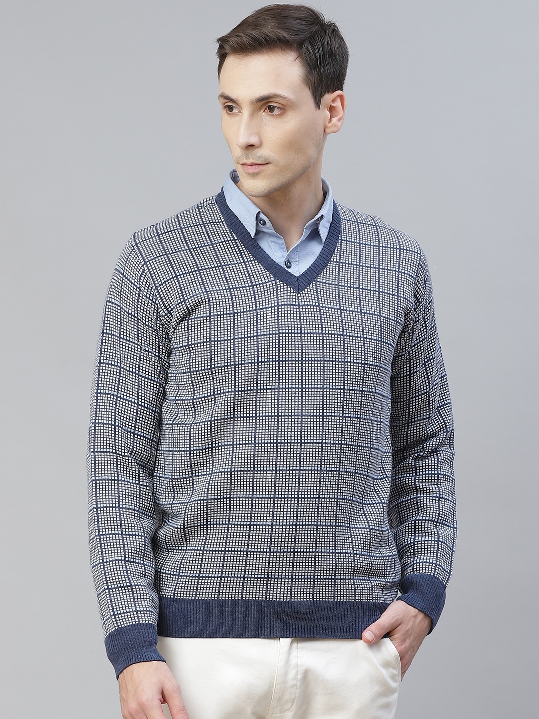 

Pierre Carlo Men Navy Blue & Off White Checked Pullover