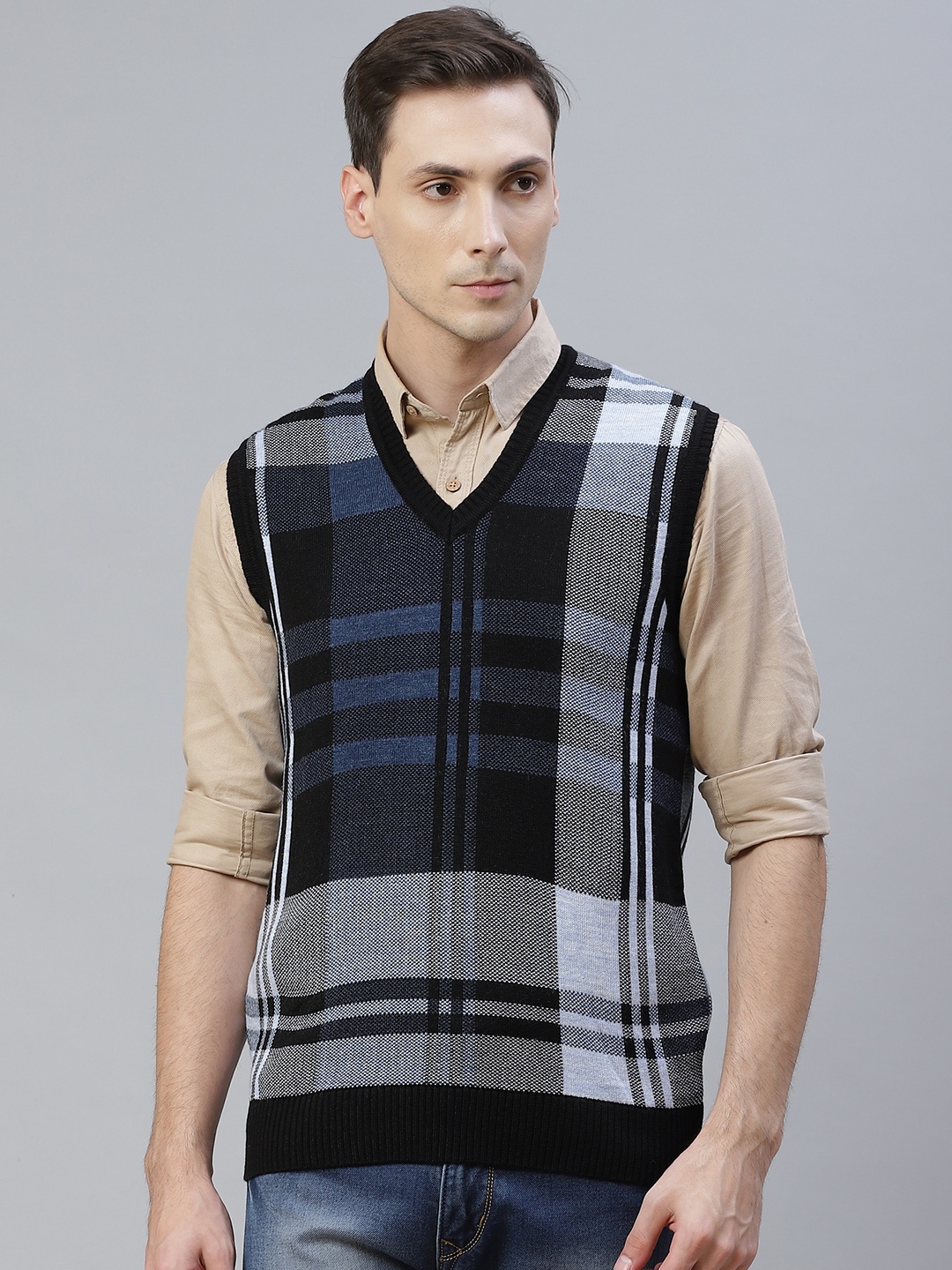 

Pierre Carlo Men Black & Blue Checked Sweater Vest