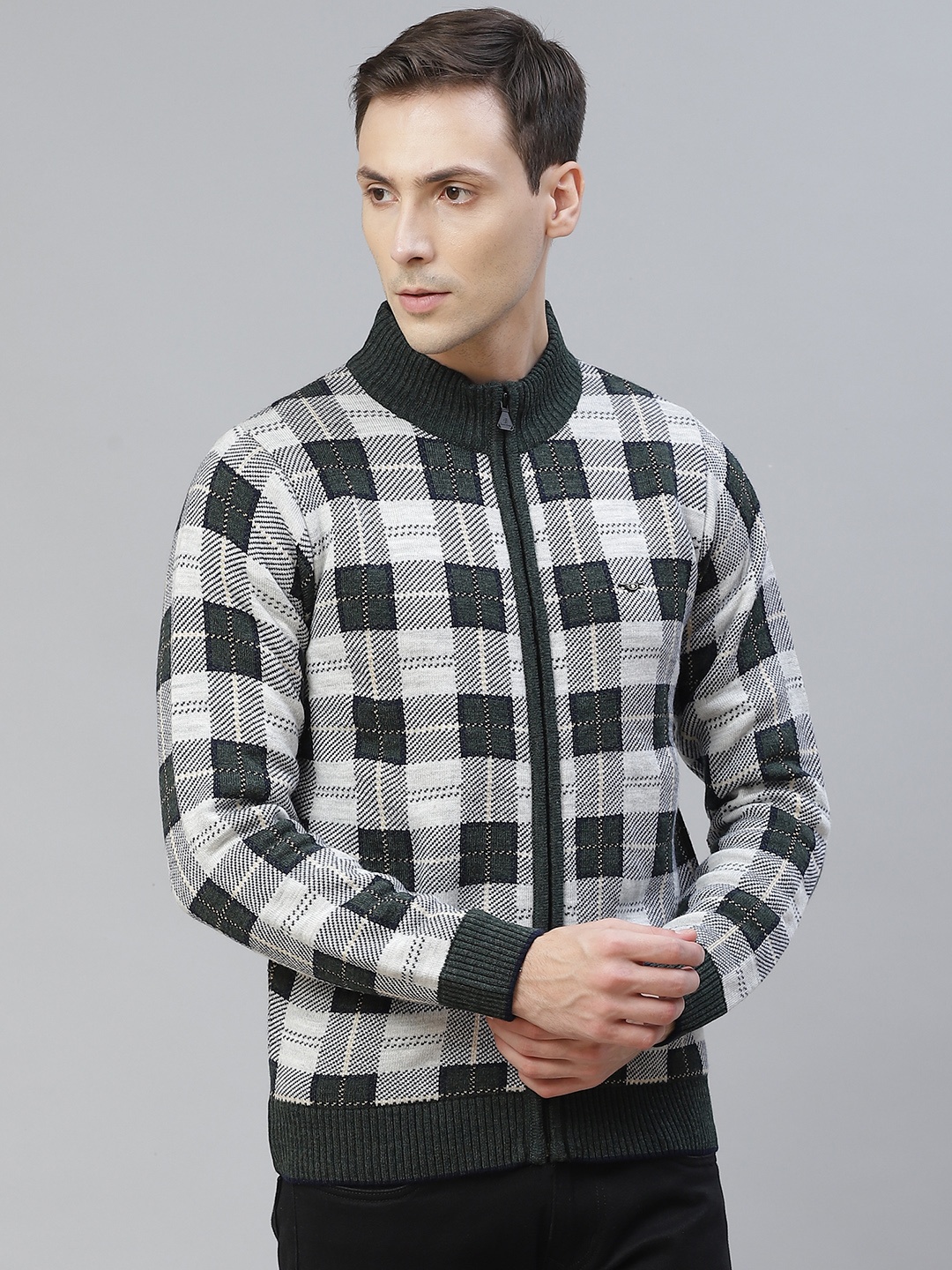 

Pierre Carlo Men Olive Green & White Checked Cardigan