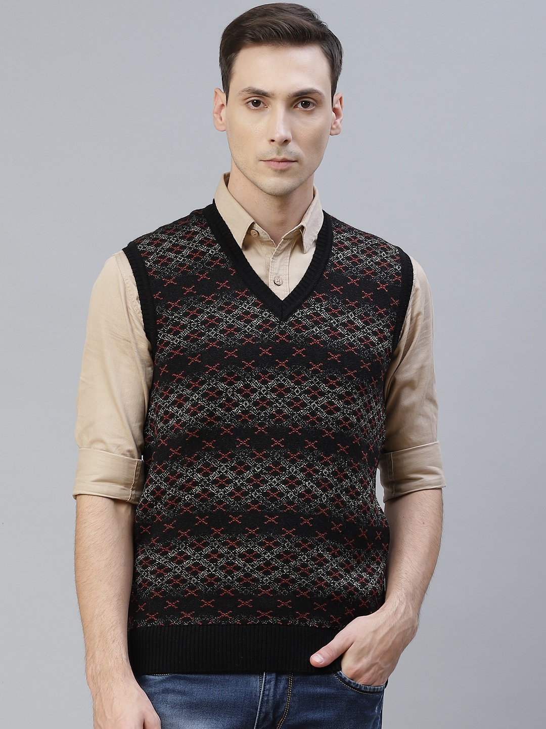 

Pierre Carlo Men Black & Maroon Sweater Vest