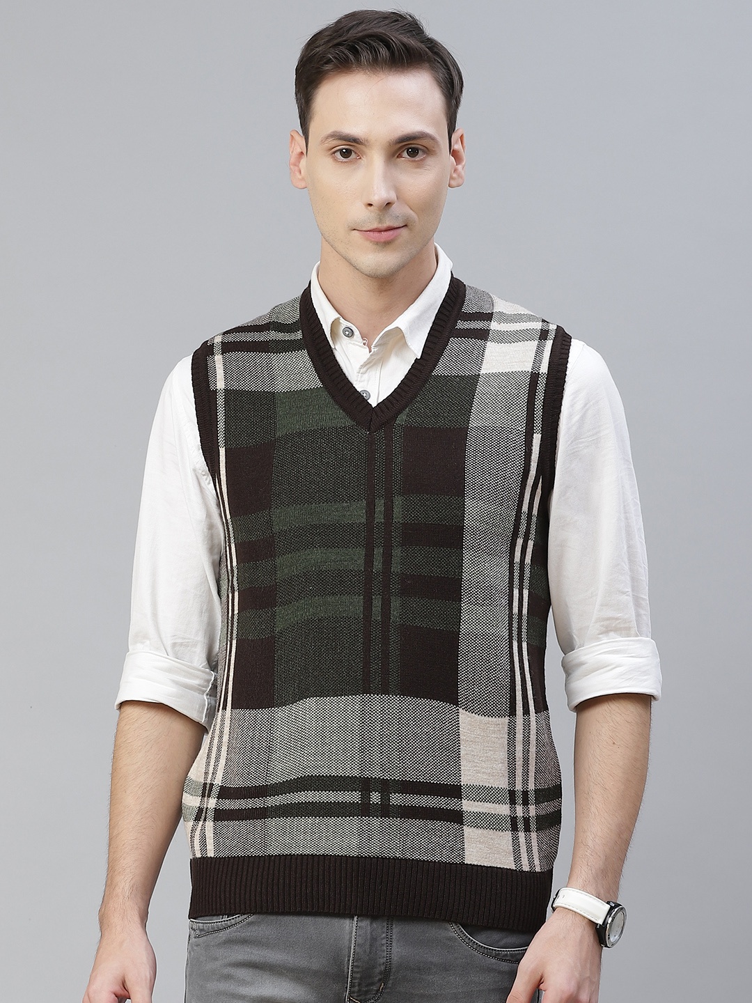 

Pierre Carlo Men Coffee Brown & Off White Checked Sweater Vest