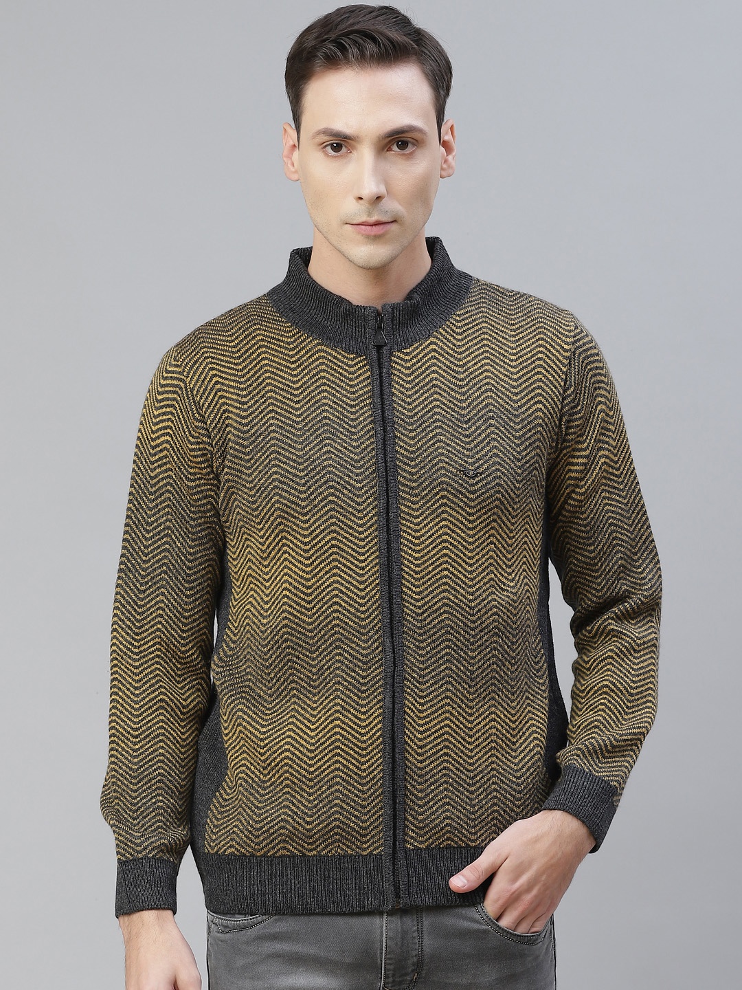 

Pierre Carlo Men Grey Melange Front-Open Sweater
