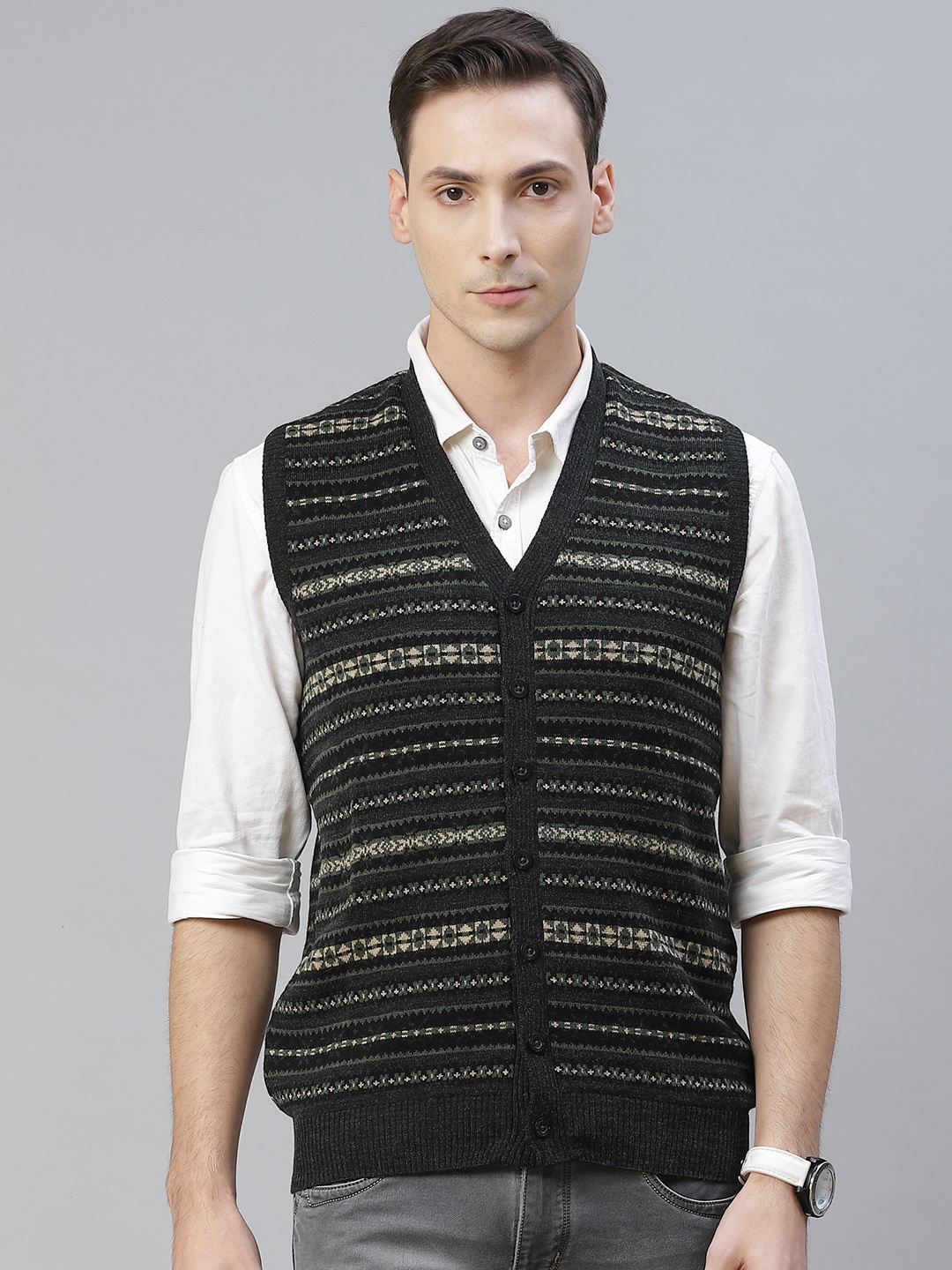 

Pierre Carlo Men Black & Green Striped Front-Open Sweater Vest
