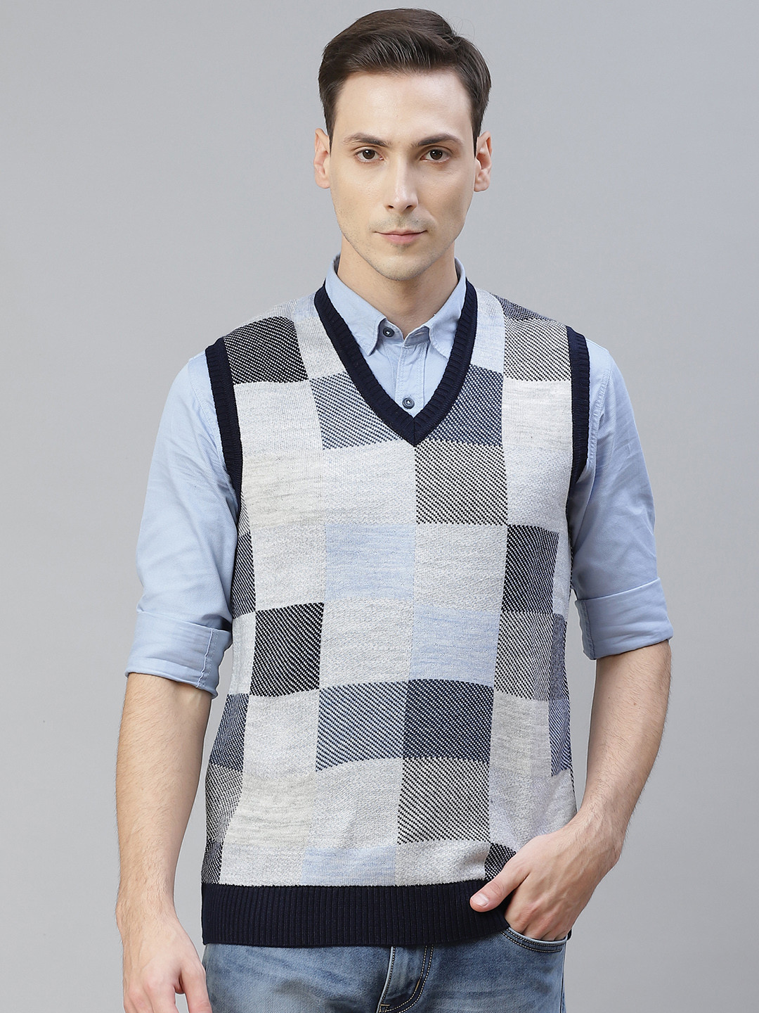 

Pierre Carlo Men Navy Blue & Grey Colourblocked Sweater Vest