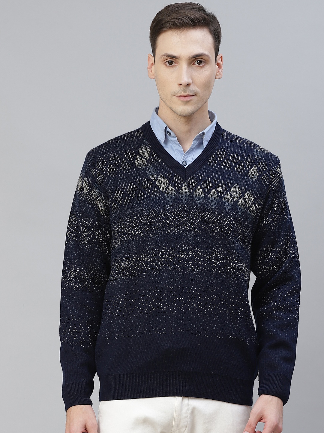 

Pierre Carlo Men Navy Blue & Off White Self-Design Pullover