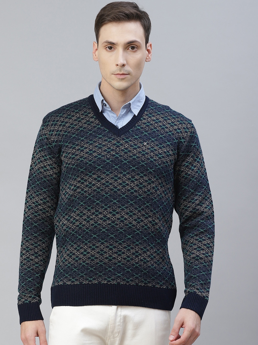 

Pierre Carlo Men Navy Blue & Off White Self-Design Pullover