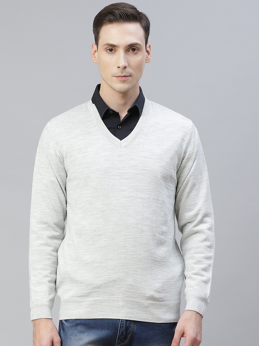 

Pierre Carlo Men White Melange Effect V-Neck Pullover