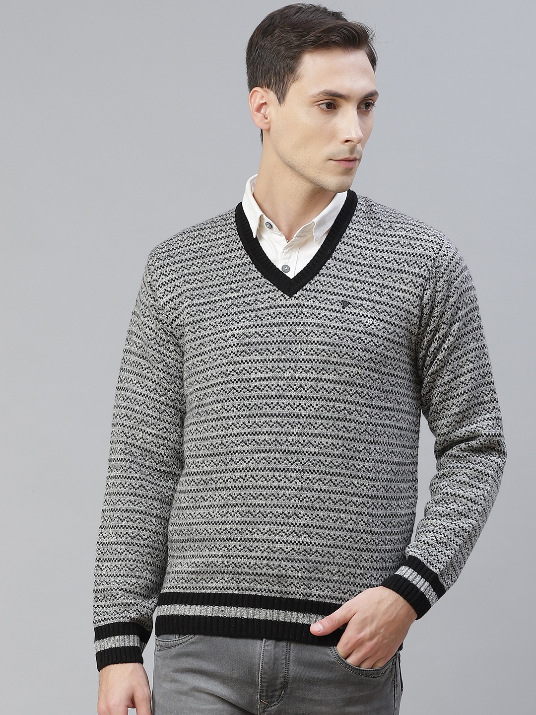 

Pierre Carlo Men Grey Melange & White Pullover