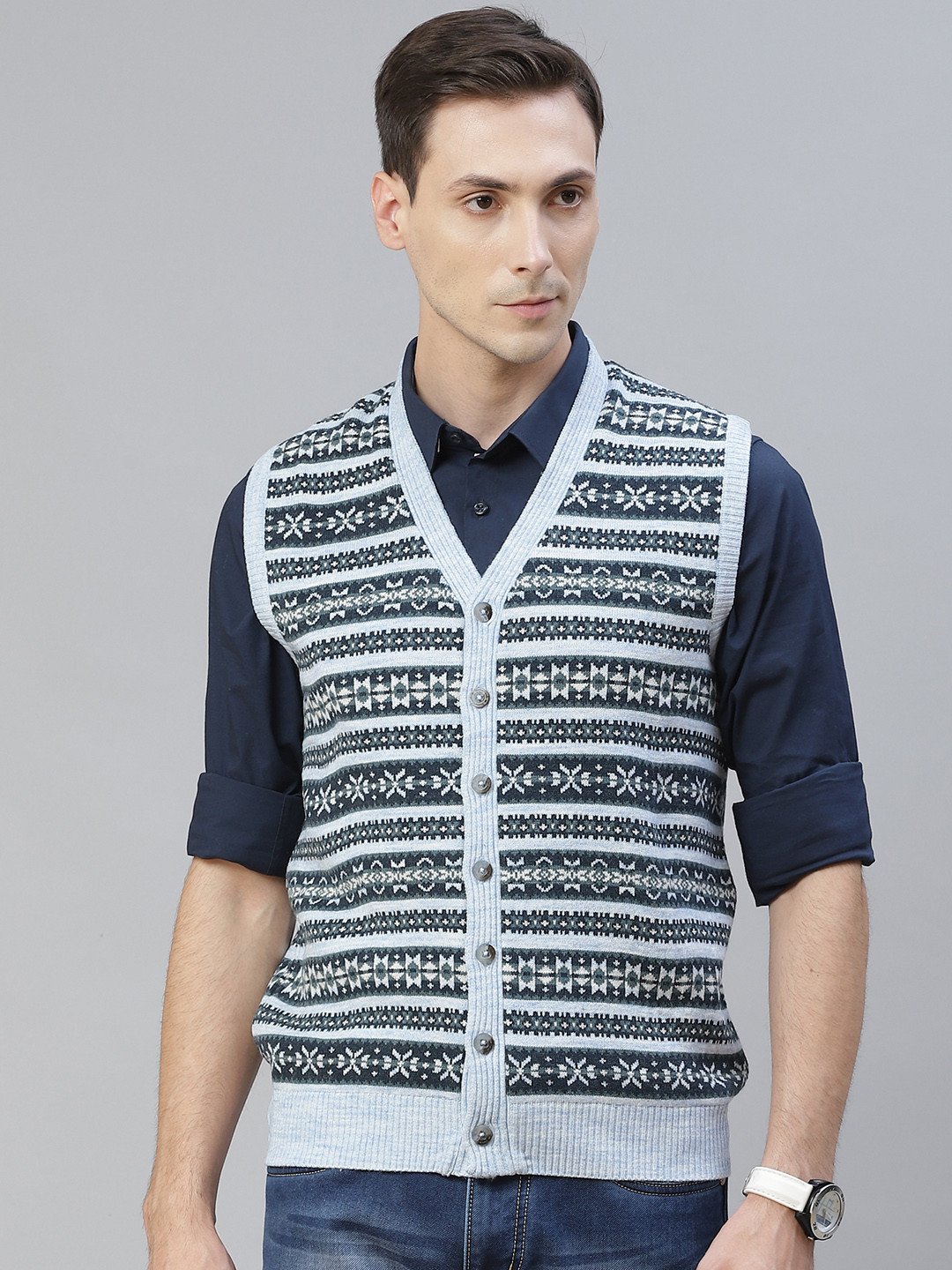 

Pierre Carlo Men Blue Striped Front-Open Sweater Vest