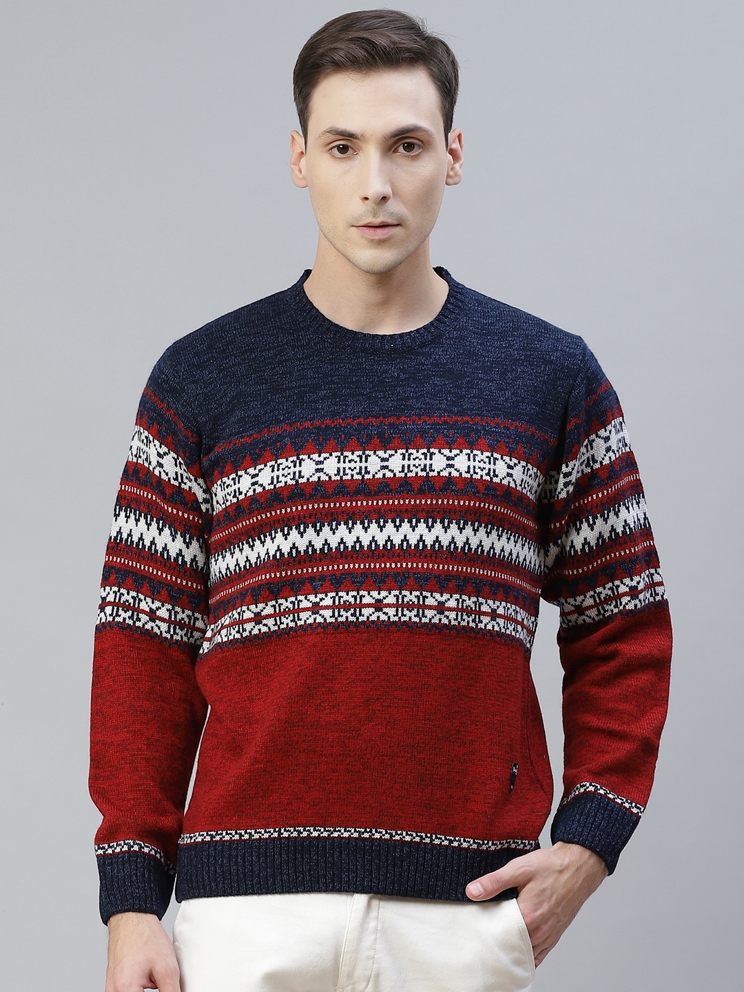

Pierre Carlo Men Red & Navy Blue Striped Melange Effect Pullover