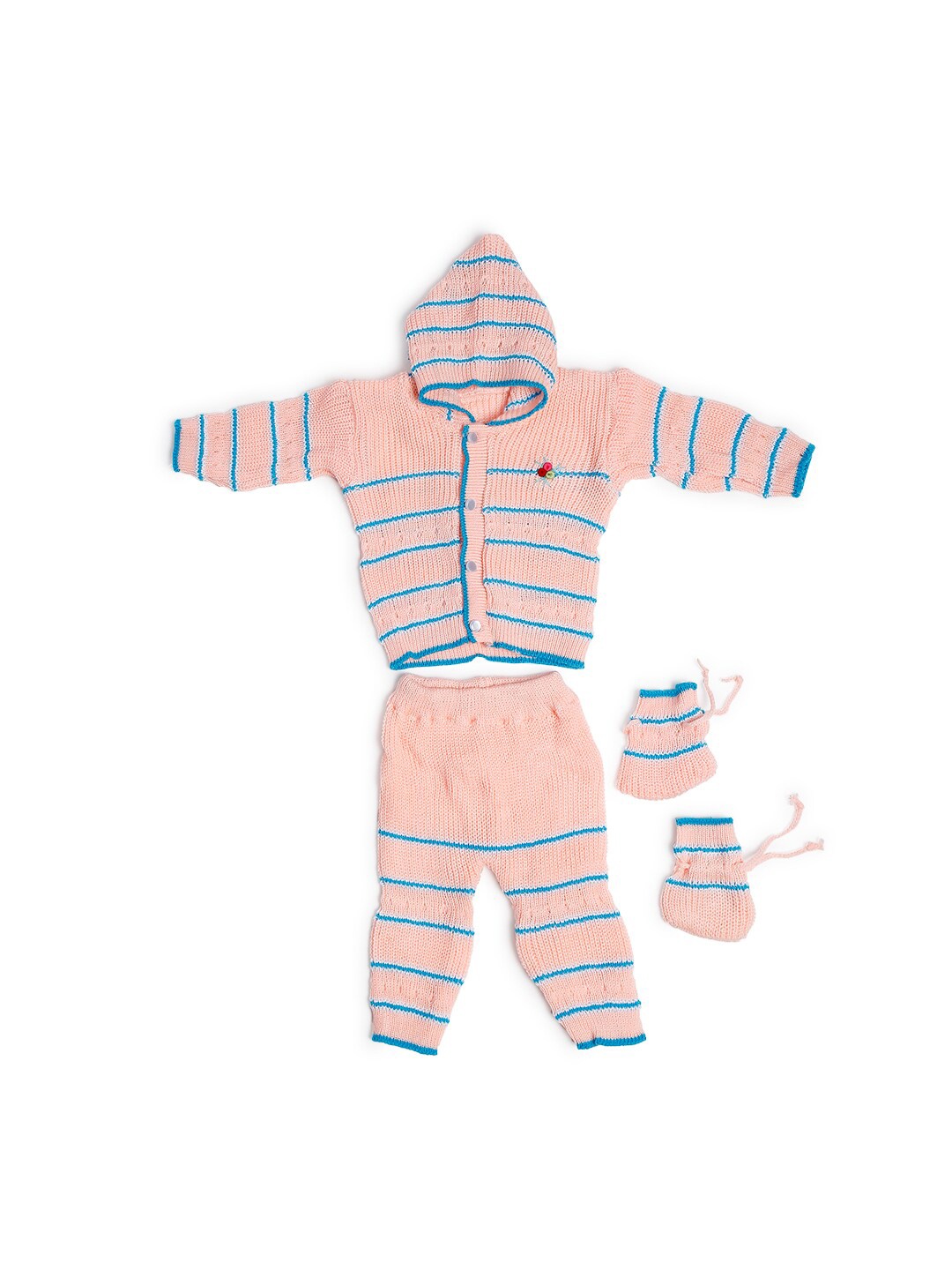 

Superminis Kids Pink & Turquoise Blue Striped T-shirt with Trousers & Mittens