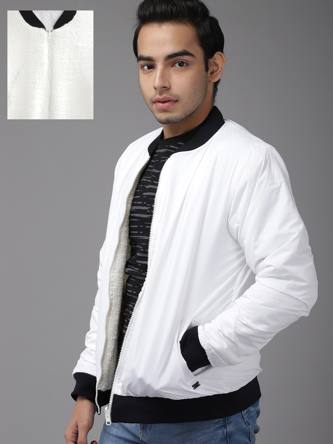 

UTH by Roadster Boys White Solid Sherpa Reversible Bomber Jacket
