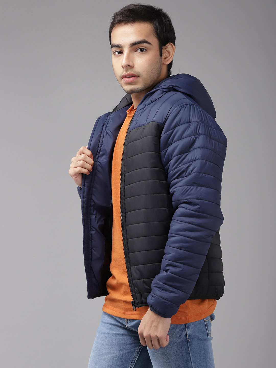 

UTH by Roadster Boys Black & Navy Blue Colourblocked Hooded Padded Jacket