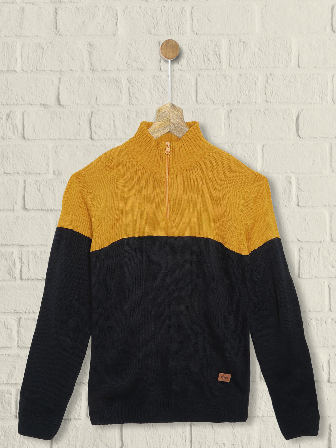 

UTH by Roadster Boys Mustard Yellow & Navy Blue Acrylic Colourblocked Pullover