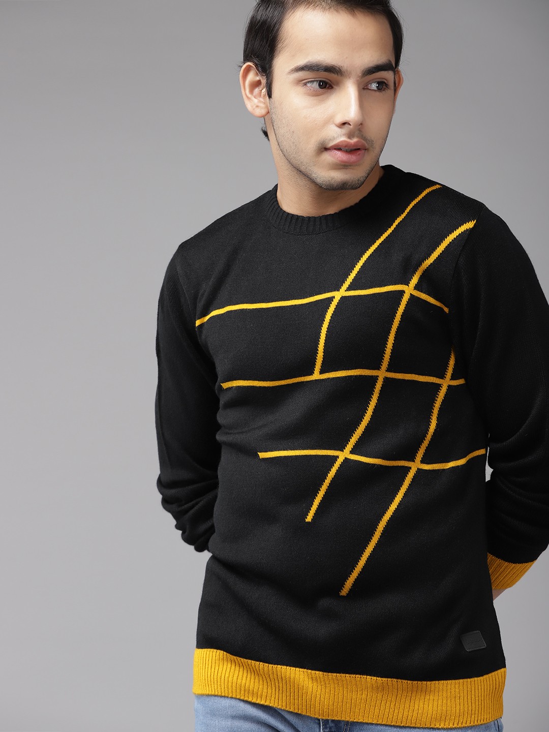 

UTH by Roadster Boys Navy Blue & Mustard Yellow Checked Detail Pullover