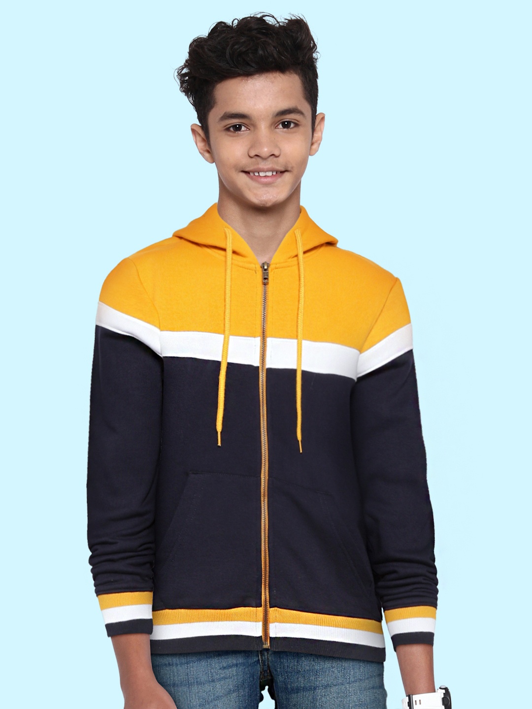 

UTH by Roadster Boys Navy Blue & Mustard Yellow Colourblocked Hooded Sweatshirt