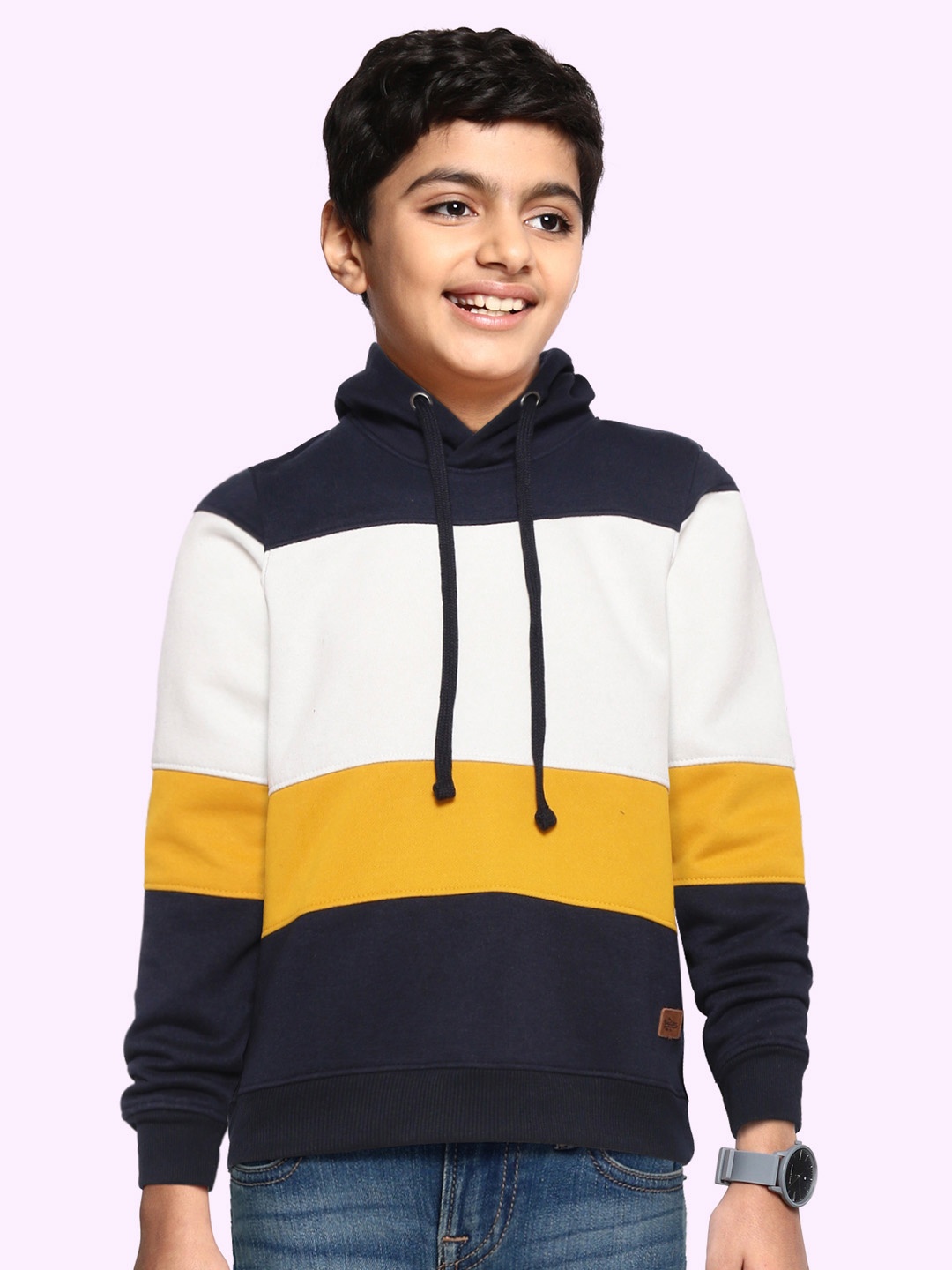 

UTH by Roadster Boys Navy Blue & White Colourblocked Hooded Sweatshirt