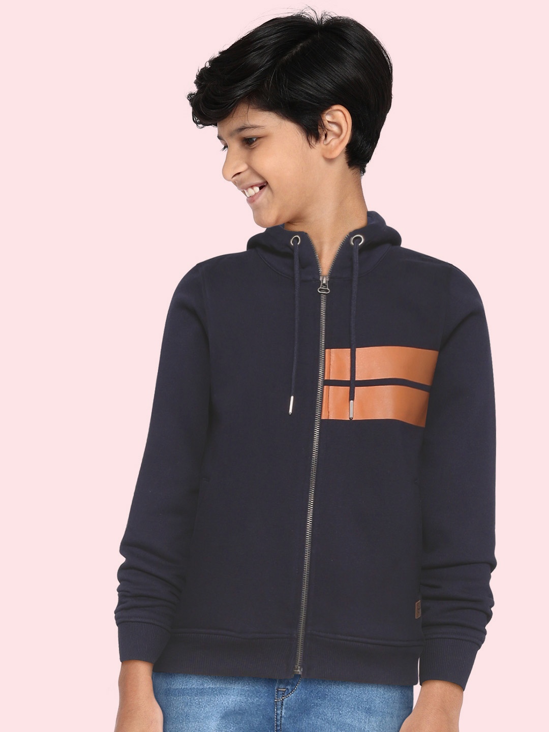 

UTH by Roadster Boys Navy Blue & Brown Colourblocked Hooded Pure Cotton Sweatshirt