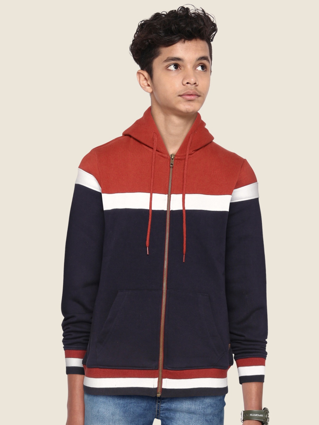 

UTH by Roadster Boys Navy Blue & Maroon Colourblocked Hooded Sweatshirt