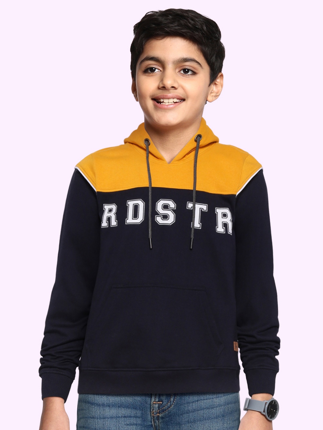 

UTH by Roadster Boys Mustard Yellow & Navy Brand Logo Print Hooded Sweatshirt