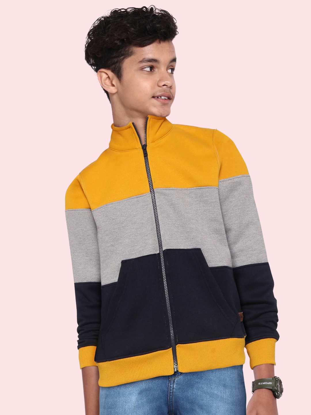 

UTH by Roadster Boys Mustard Yellow & Grey Melange Colourblocked Sweatshirt