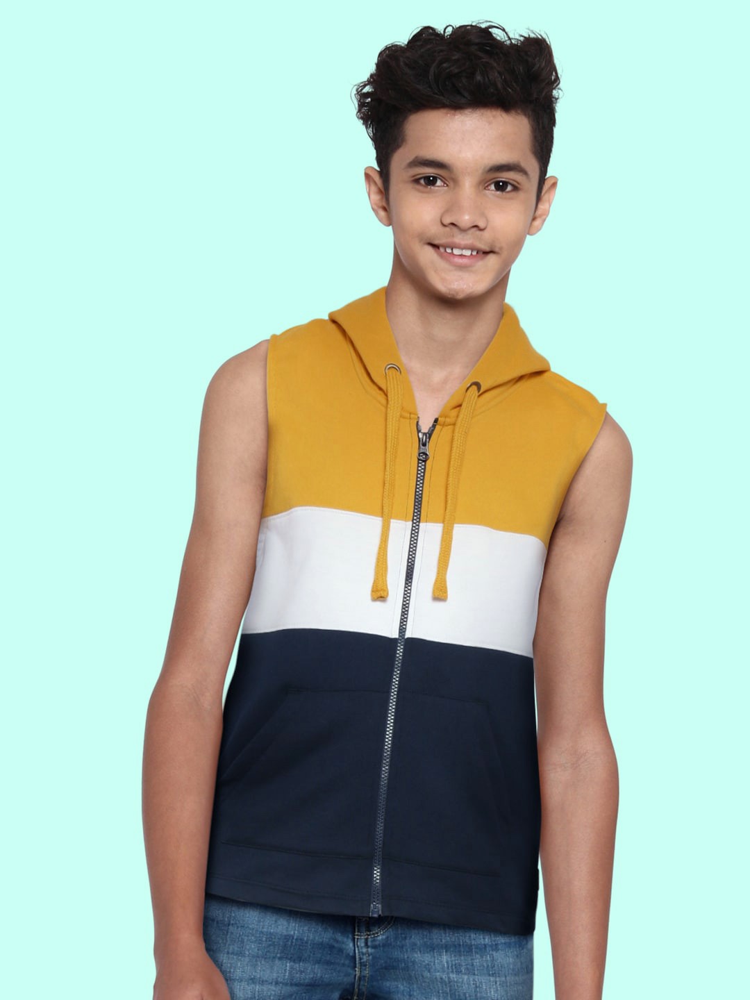 

UTH by Roadster Boys Mustard Yellow & White Colourblocked Sleeveless Hooded Sweatshirt